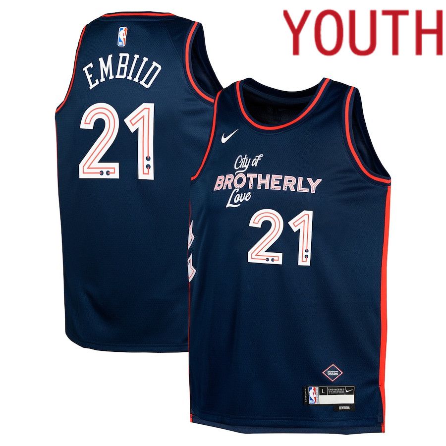 Youth Philadelphia 76ers #21 Joel Embiid Nike Navy City Edition 2023-24 Swingman Replica NBA Jersey->->Youth Jersey